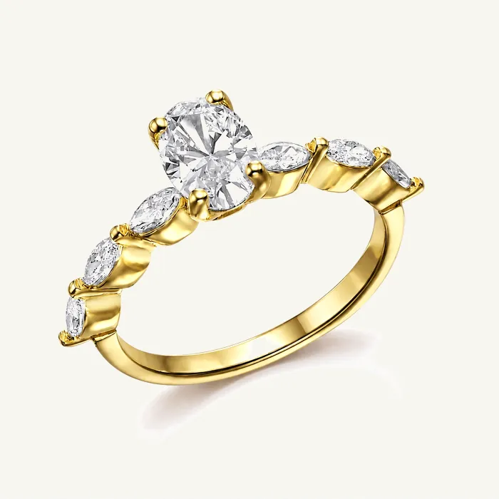 Кольцо с овальным лабораторным бриллиантом и маркизами — 1.5 ct