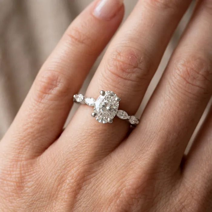 Кольцо с овальным лабораторным бриллиантом и маркизами — 1.5 ct — фото 4