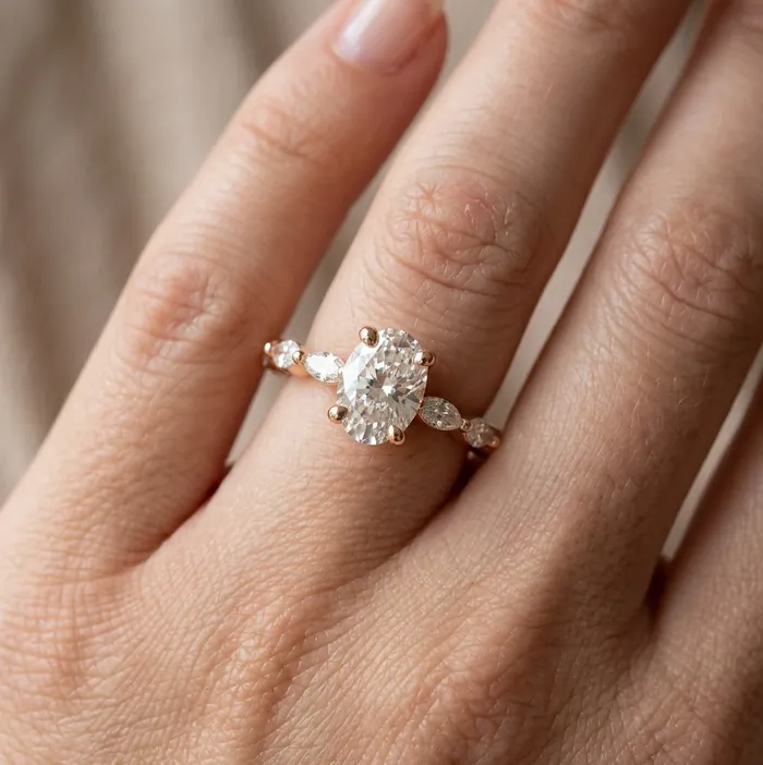 Кольцо с овальным лабораторным бриллиантом и маркизами — 1.5 ct — фото 6
