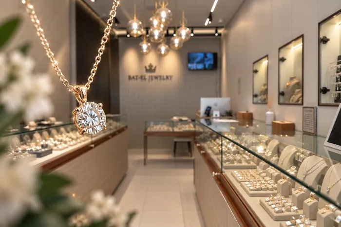 معلّقة ألماس على سلسلة ذهبية، وخلفها متجر Batel Jewelry